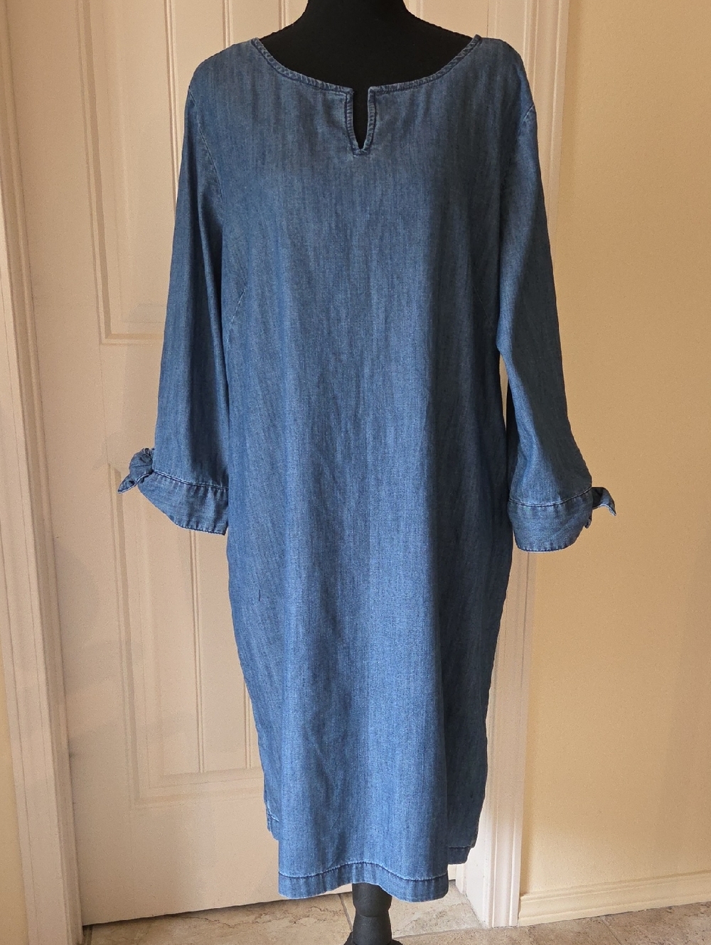 Talbots Shift Dress Blue Denim 3/4 Spilt Sleeve With Tie, Size 16P, NWT